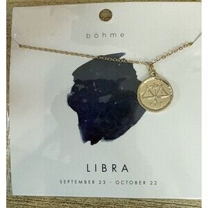 bohme Zodiac LIBRA Scales Symbol Gold Tone Round Pendant Necklace New